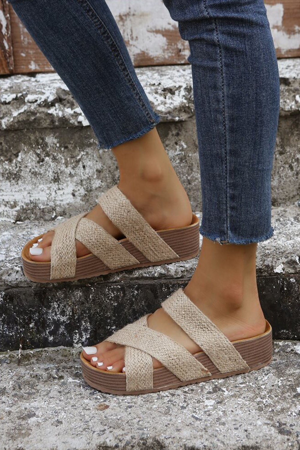 Beige Linen Woven Cross Criss Hollowed Slip-On