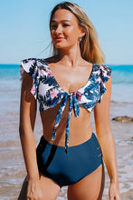 Palm Leaf Print Front Tie High Waist with Ruffles