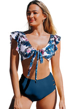 Palm Leaf Print Front Tie High Waist with Ruffles